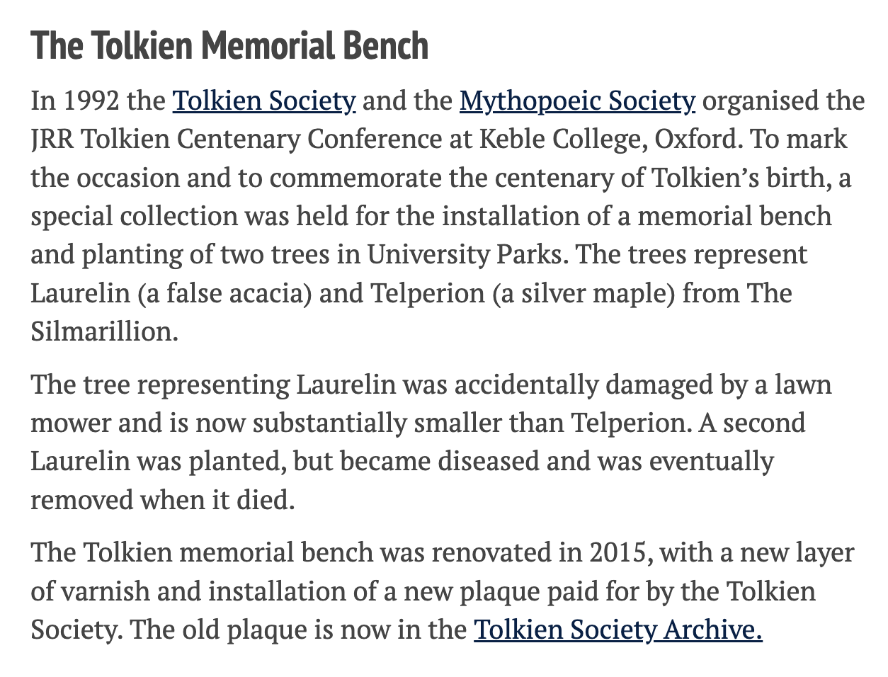 Oxford website description of the Tolkien bench and its two trees (or rather one remaining tree).